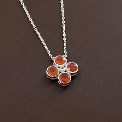 Carnelian Zircon Silver Chain Pendant, Pure 925 Sterling Silver Handmade Jewelry, Healing Crystal Pendant Gift For Her An0456