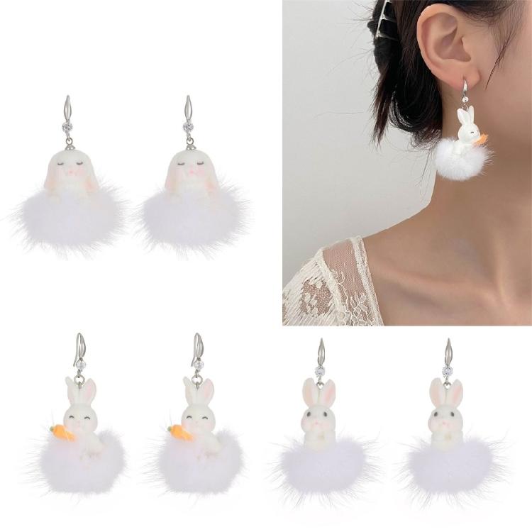 Fashionable Animal Earring White Plush Rabbit Pendant Earrings Women Girls Gift