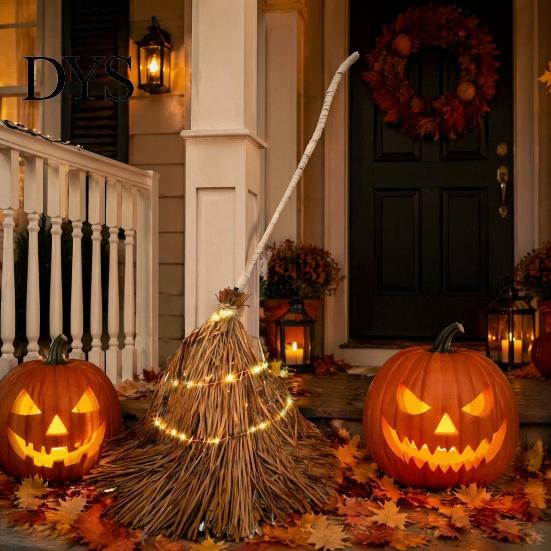 Rustic Farmhouse Fall Decorations 5.5 Ft Giant Light-up Witch Broom, Vintage Twig Broom with String Light, Unique Autumn Holiday Gift Decoration