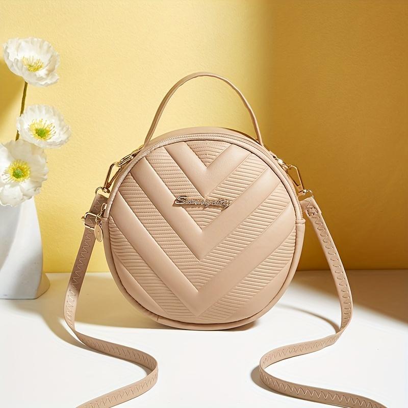 Chic Circle Crossbody Purse V-Quilted Pattern, Detachable Strap, Elegant Shoulder Bag for Daily Essentials, Perfect for Women's Everyday Use