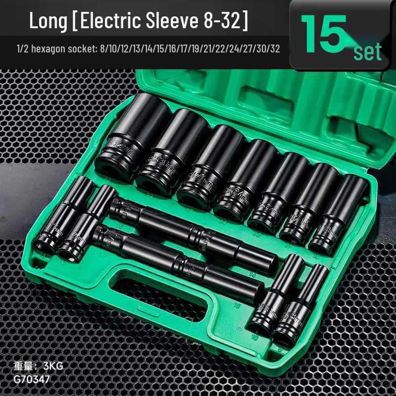 Extended Electric Socket Wrench Set with Large, Medium & Small Hexagonal Air Gun Heads for Auto Repair