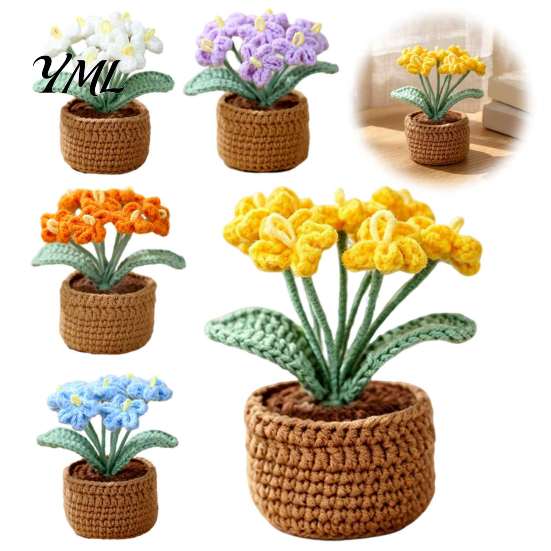 Handmade Knitted Potted Plant Crocheted Flower Plant, Artificial Yarn Ornament, Vibrant Multi-color Cute Desk Ornament for Office Desktop Car