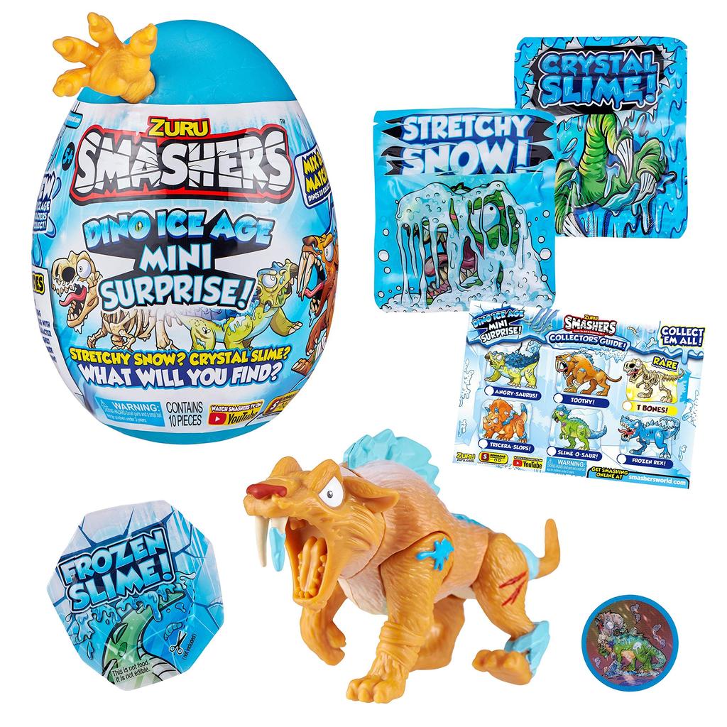 Smashers Dino Ice Age ZURU Mini Surprise Egg with Tons of Surprises, Slime Dinosaur Collectible Toy for Boys & Kids, Sable Tooth Tiger