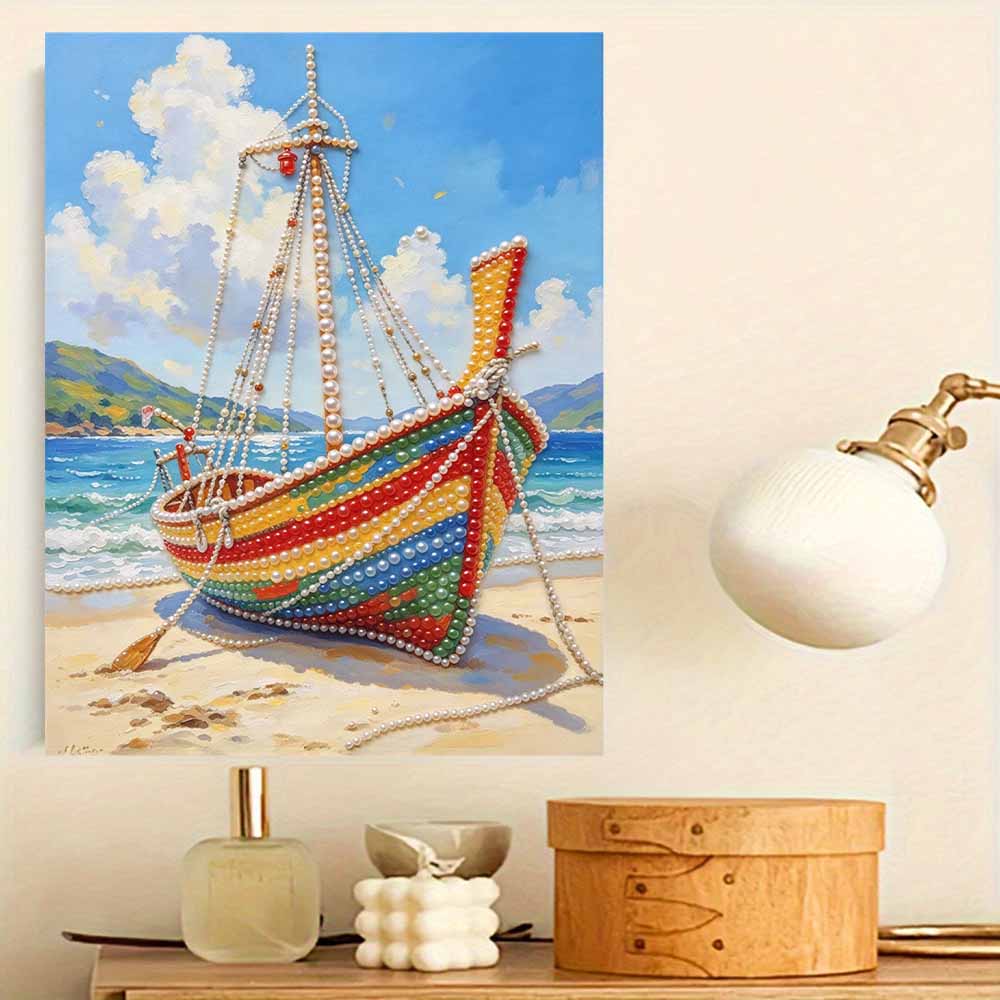 Colorful Longtail Boat Pearl Art Canvas with Frame 3D Shiny Bead Painting Modern Room Decor Relaxing DIY Craft Gift