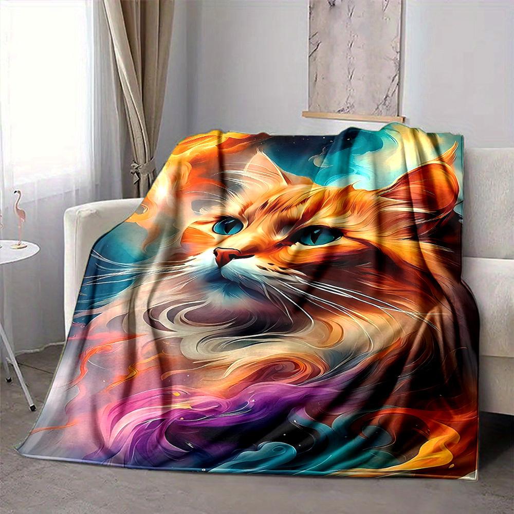 1pc Feline Whimsy Print Blanket Lightweight Flannel Throw Blanket For Sofa, Bed, Living Room, Office, Outdoor Travel, Camping