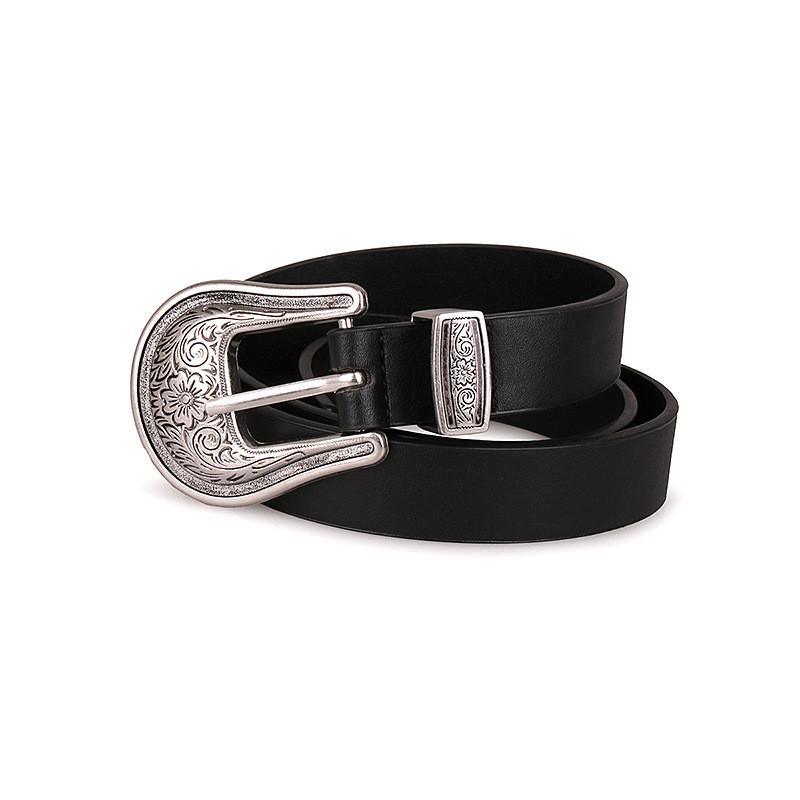 Retro Leatherlike Belt With Ornate Silver Buckle And Natural Texture For Casual Wear