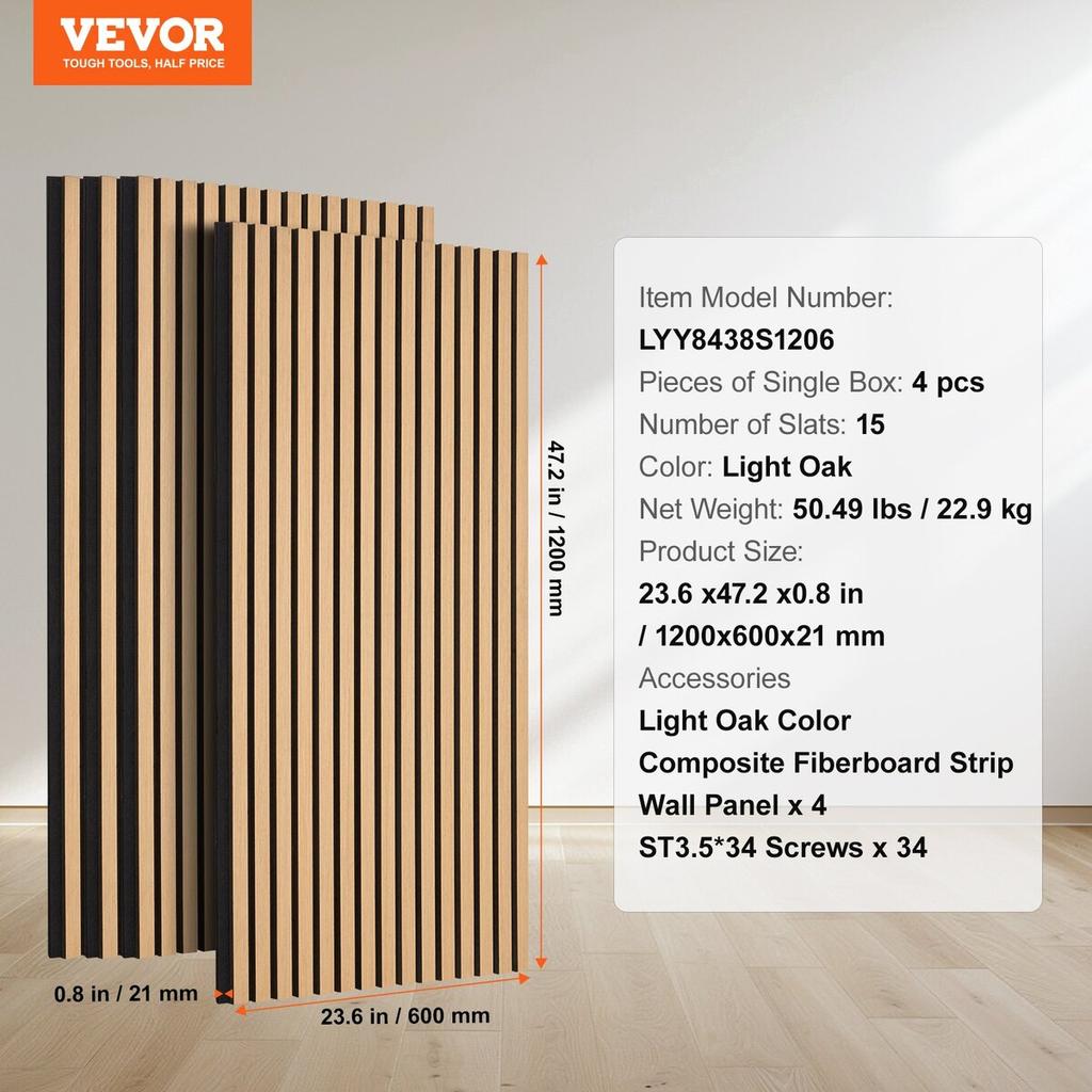 Wood Slat Acoustic Panels 23.6 X 47.2 Inch for Modern Wall Decor Light Oak