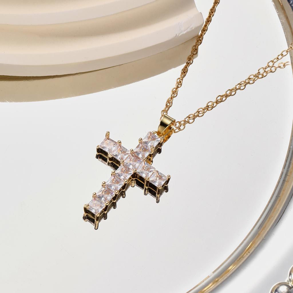 Fashion Colorful Zircon Cross Pendant Necklace For Women Stainless Steel  Color Charm Religious Necklaces Jewelry Gifts