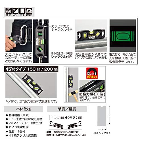 Ebisu Mini Level, Tobisan Level, for Scaffolding Assembly, Black (Skeleton) X Green, 200mm, ED-20TB3