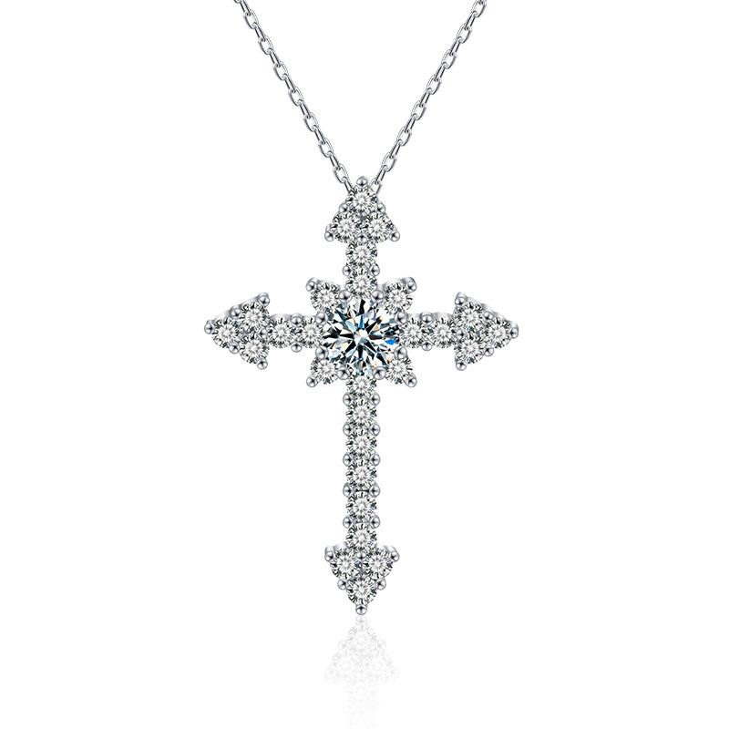 Exaggerated Moissanite Cross Pendant Necklace Full-Set S925 Sterling Silver Jewelry Accessory белого золота