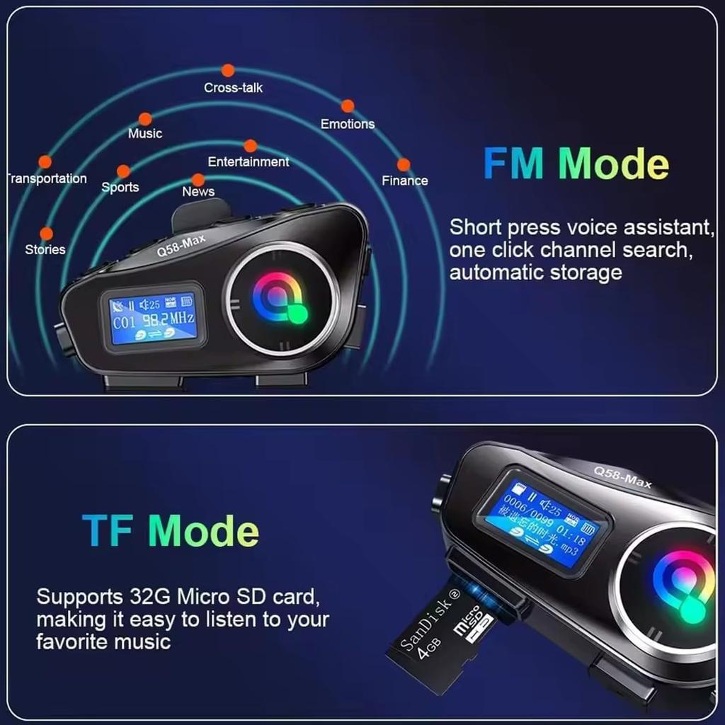 Motorcycle Helmet Intercom Bluetooth Headset,Helmet Intercom Headphones with LED Screen,Illumination,FM Radio,IP67 Waterproof,Voice