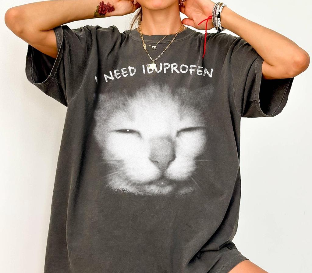 Funny Cat I Need Ibuprofen Graphic T-shirt, Vintage Kitten Meme Tee