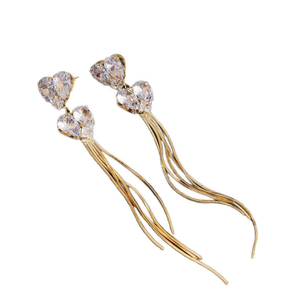 Light luxury, high-end sense, exquisite three zircon love fringed earrings, female temperament, fashionable and versatile, niche design earrings