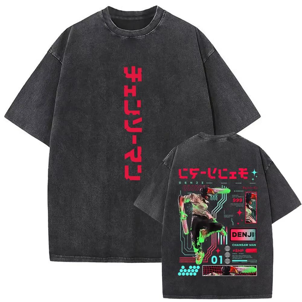 Anime Chainsaw Man Retro Gewaschenes T-Shirt Lustiges Cartoon Denji Pochita Grafik-T-Shirt Herren Damen Mode Vintage Lässige T-Shirts