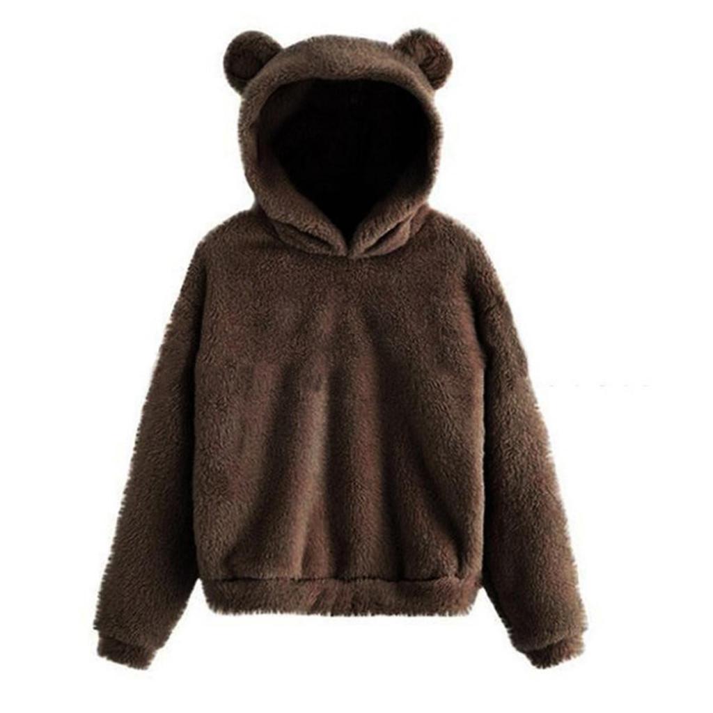 Mode Femme Manches Longues Couleur Unie Polaire Oreilles Capuche Chaud Pull Sweat-shirt