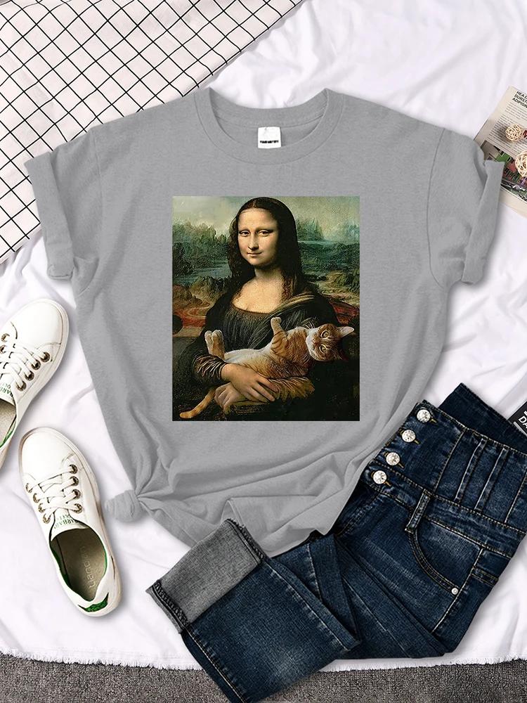Mona Lisa T Shirts Funny Cat Lovely Cute Printed TShirt for WomenS Crewneck Gothic Women Tshirt Casual Female Tee Shirts