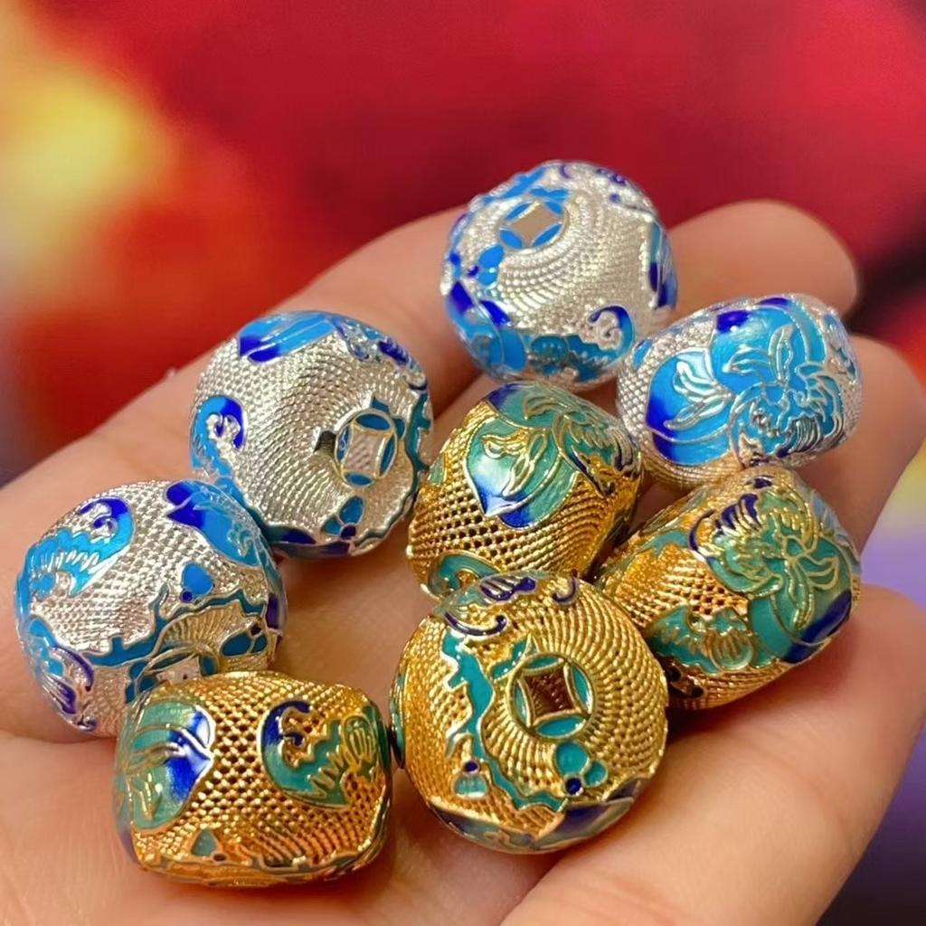 5Pcs, Vintage Cloisonné Lotus Pattern Barrel Beads, Golden/Silvery Plated DIY Jewelry Spacer Findings for Bracelet & Necklace Making 15×13mm