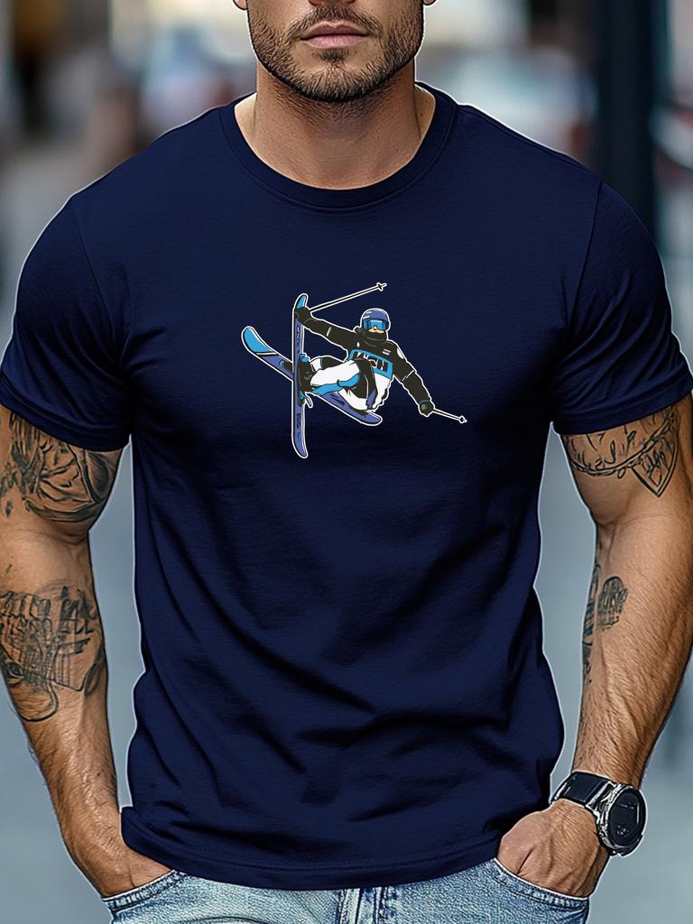 Mens Skiing TShirt Extreme Ski Sports Print Short Sleeve Round Neck Breathable Soft Oversized Daily Wear TShirt
