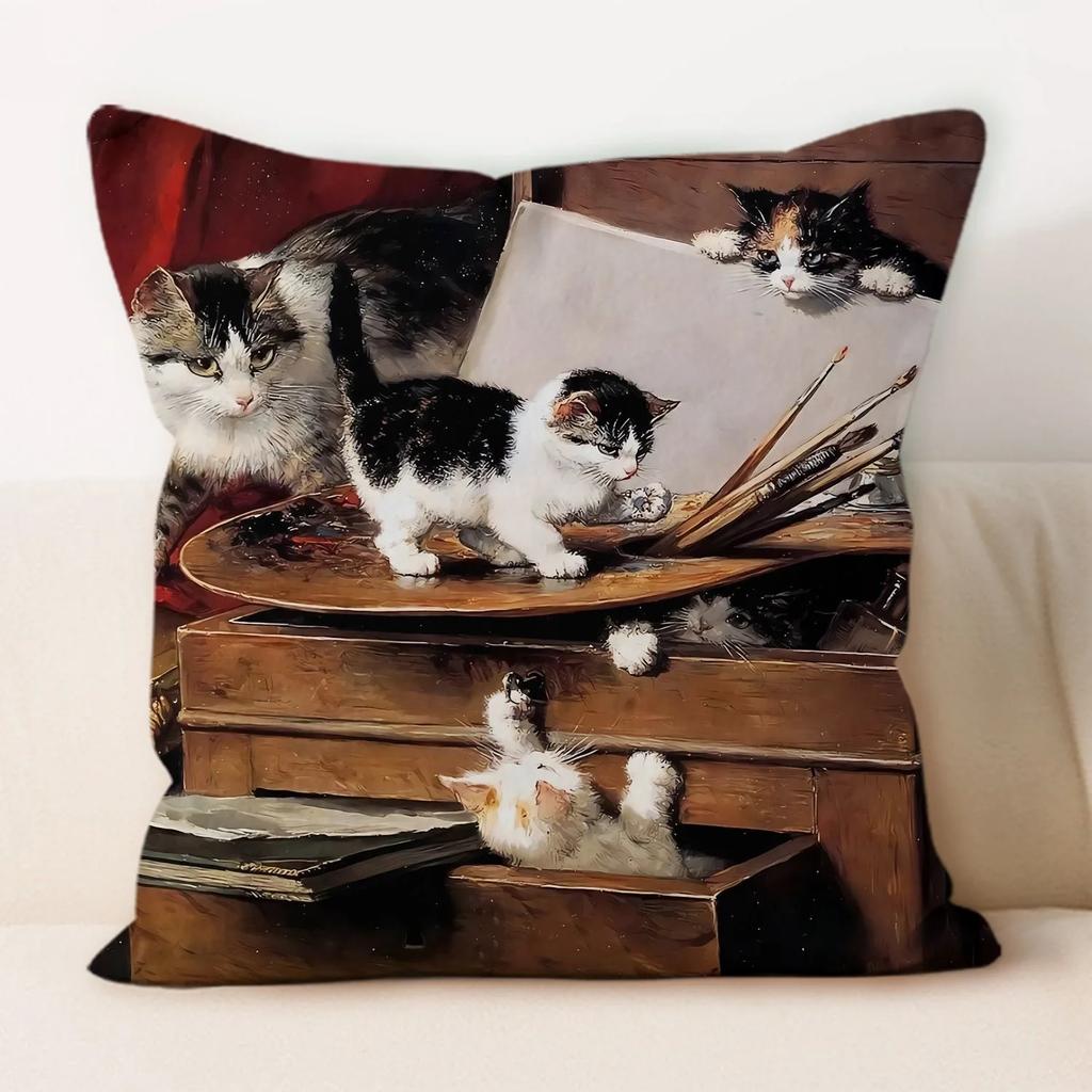 Oil Painting Cat Cat Picture Pillowcase Living Room Sofa Cushion Cover Bedside Pillow Pillowcase Home Decoration