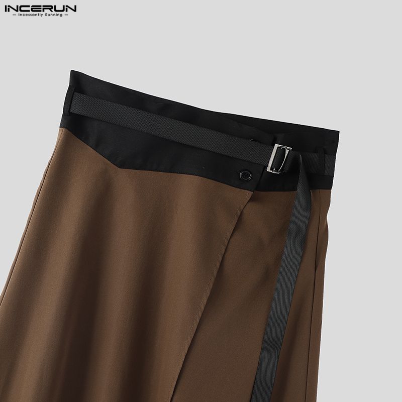 INCERUN Men Women Patchwork High Waist Belt Casual Ruffled Pleated Skirts