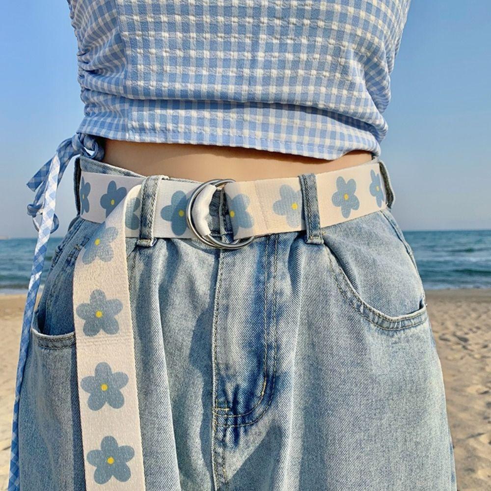 Luxury Trendy Design Nylon Braided Belt Blue Flower Jeans Waistband Casual Canvas Strap