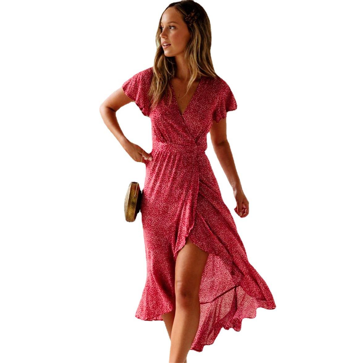 

Женское праздничное платье миди с цветочным принтом и оборками с коротким рукавом и V-образным вырезом, большие размеры S-5XL 5XL красный