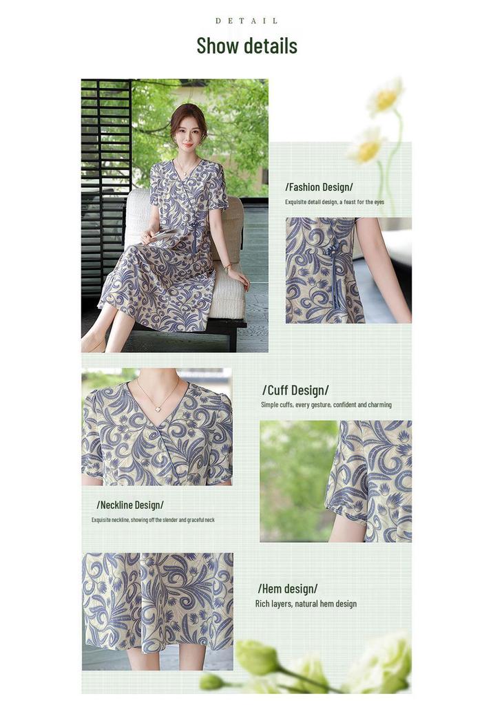 Elegant Floral Mid-Length Summer Dress for Middle-Aged Women