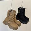 Korean version of fashion buckle retro belt new autumn thick heel round head thick sole Martin boots women's locomotive boots short tube
