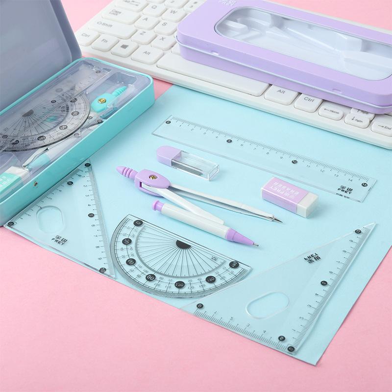 1Set of 7-In-1 Measurement And Drawing Tool Set -  Suitable for Students, Including Compasses, Protractors, Rulers And Erasers.