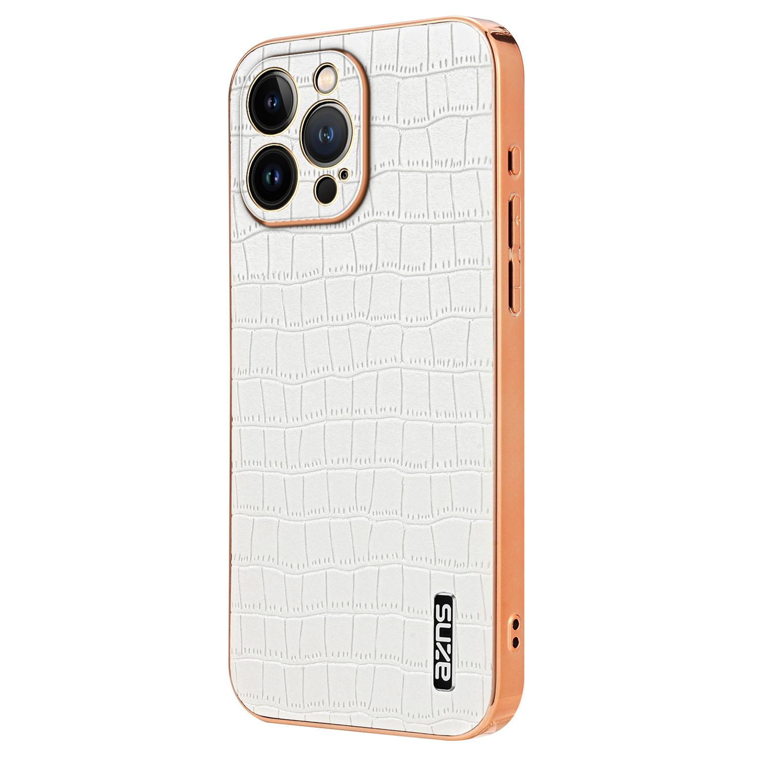 

For iPhone 13 Pro Max Case Crocodile Texture Electroplating PU+TPU Phone Cover White