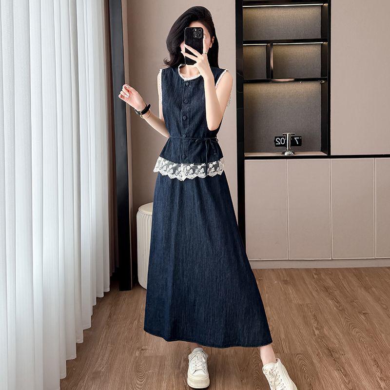 Lace Patchwork Denim Vest & A-line Skirt Set – Chic Two-Piece Outerwear