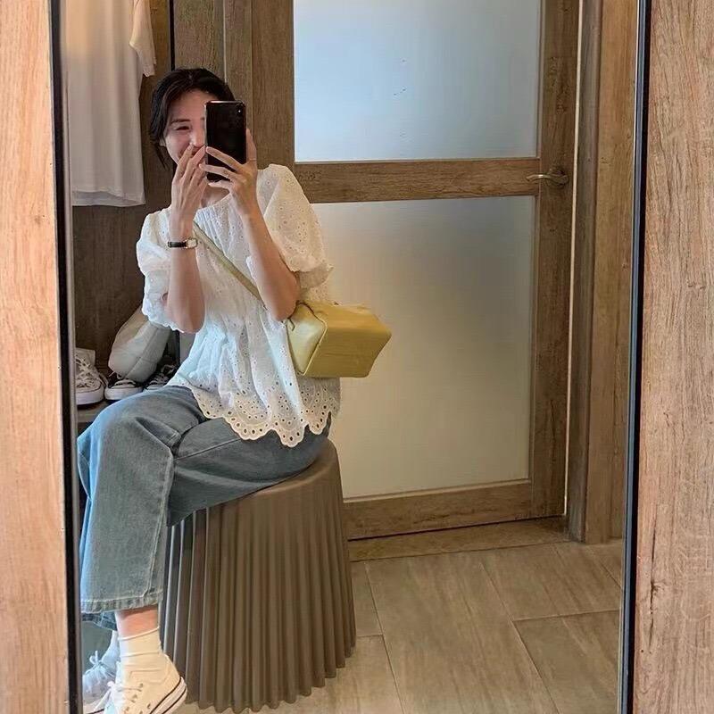 Summer Puff Short Sleeved Lace Women Blouse New Fashion Crew Neck White Embroidery Doll Shirt Office Hollow Out Ladies Top Loose Casual Sweet Clothing