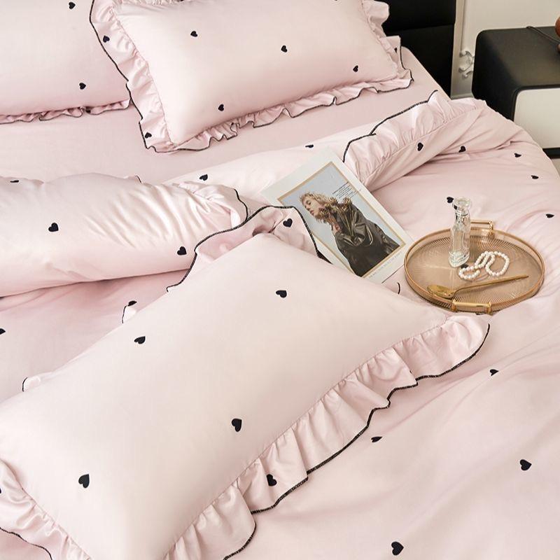 Korean Pink Heart Duvet Cover Sets For Girls 2025 New Blue Dot Ruffles Bedding Sets 4PCS Queen Size for Bedroom Guest Room