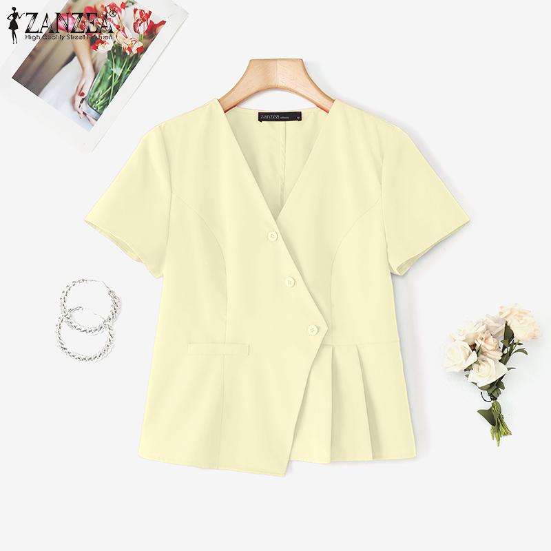 ZANZEA Blusa Estiva da Donna con Scollo a V Tinta Unita Casual Manica Corta