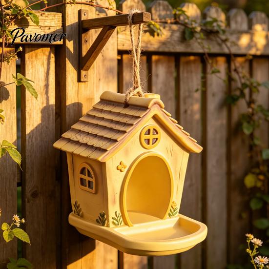 Wild Bird Feeder for Garden House Shape Hanging Outdoor Decor, Weatherproof Resin Ornament Lovers with Large Capacity Tray & Hemp Rope Yard