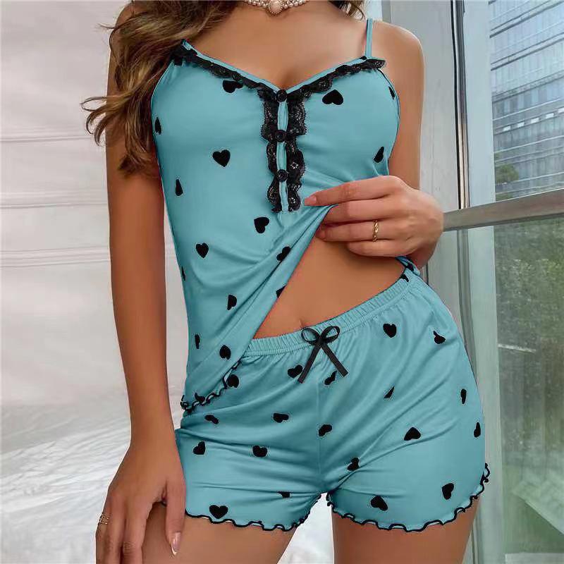 Stylový dámský pyžamový set s výstřihem do V - Pohodlná a sexy tílko s knoflíkovými šortkami