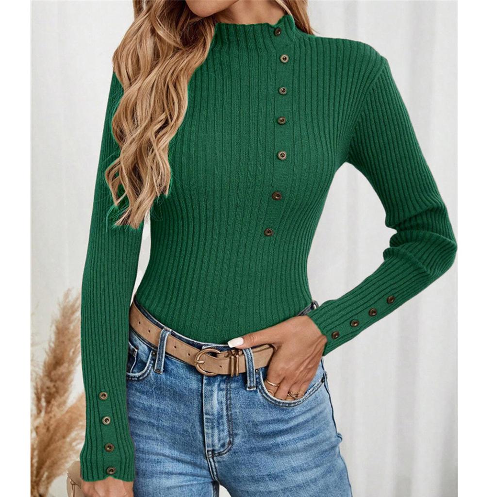 Women's Casual Solid Color Slim Button Knit Sweater Long Sleeved Base Sweater Sweater