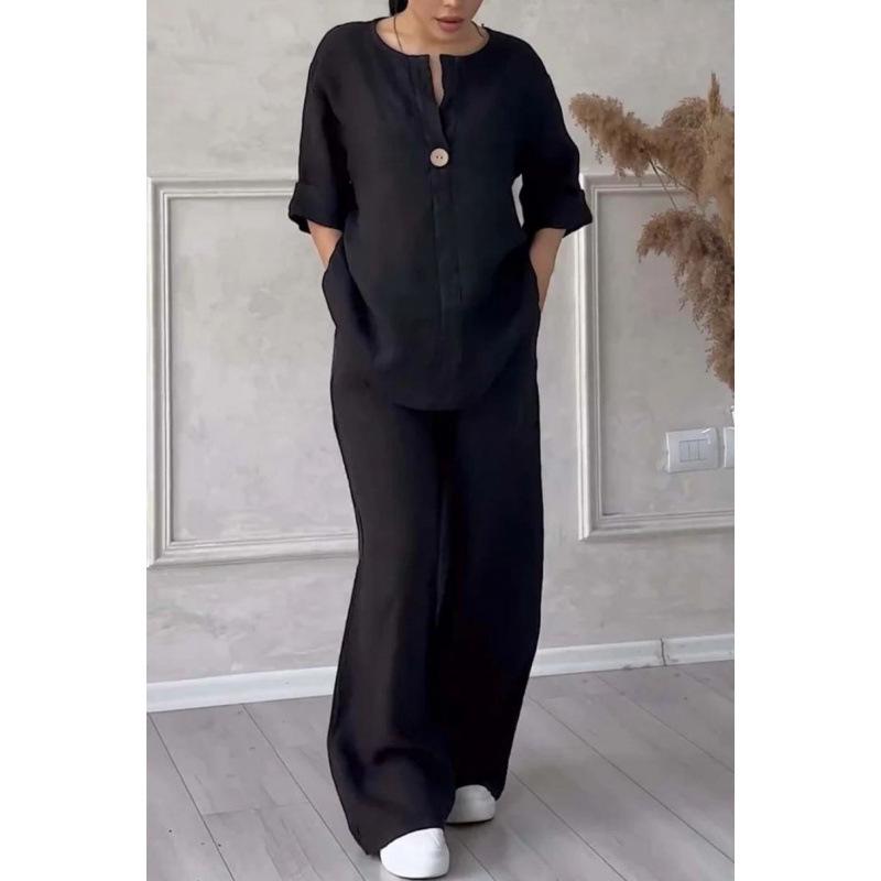 Letni 2025 Modny Zestaw Spodni Bawełniano-Lnianych z Dekoltem V i Długim Rękawem w Wielu Kolorach dla Kobiet