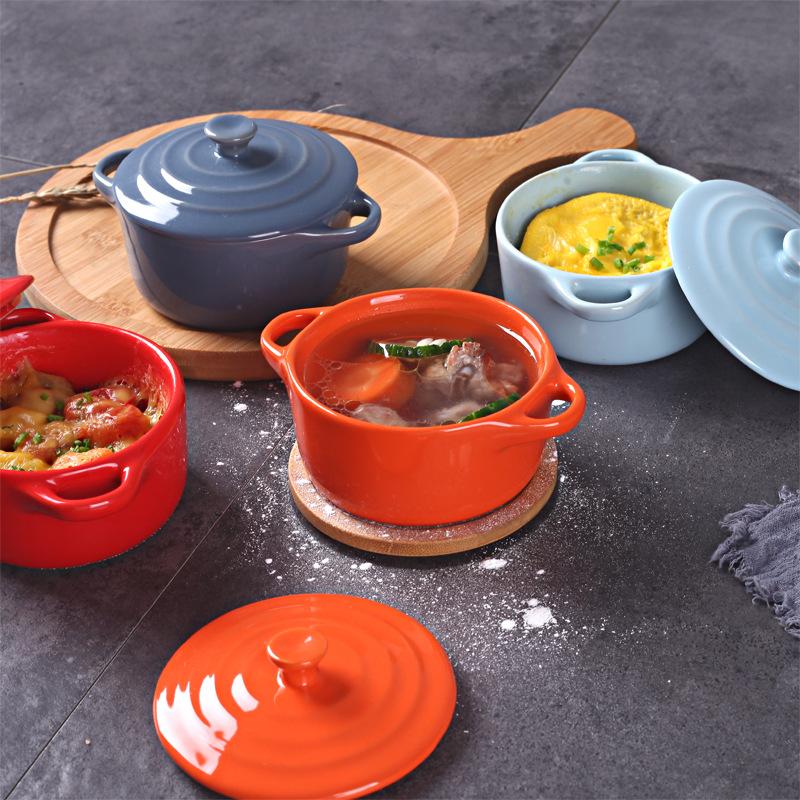 Einfache zweihändige abgedeckte Backschüssel Kuchenschüssel Kinderschüssel für Reis Kleiner Suppentopf Suppenschüssel Eintopfbecher Frühstück gedämpfte Eierpudding Schüssel