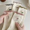 Autumn Socks Korean Version Cream Embroidered Bow Women's Medium Tube Socks Fashion Wooden Ear Edge Stacking Socks