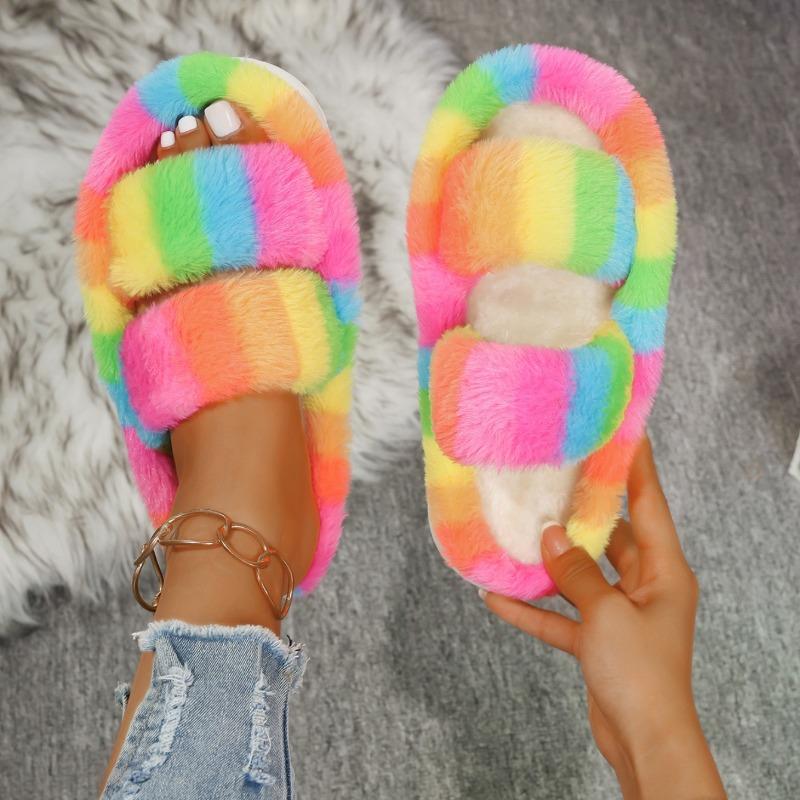 Warm Winter Women Plush Fluffy Slippers Open Toe Comfort Shoes Fuzzy Indoor Warm Soft Furry House Slippers Slides Women