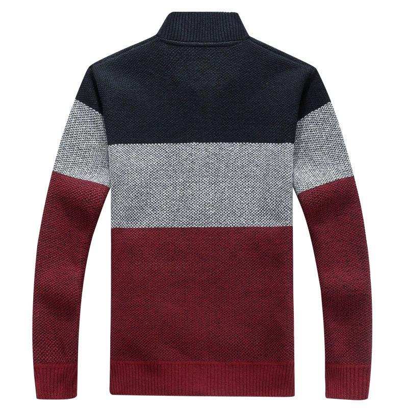 Men's Fall/Winter Long-Sleeve Fleece-Lined Knit Sweater Youthful Color-Blocked Warm Cardigan Jacket