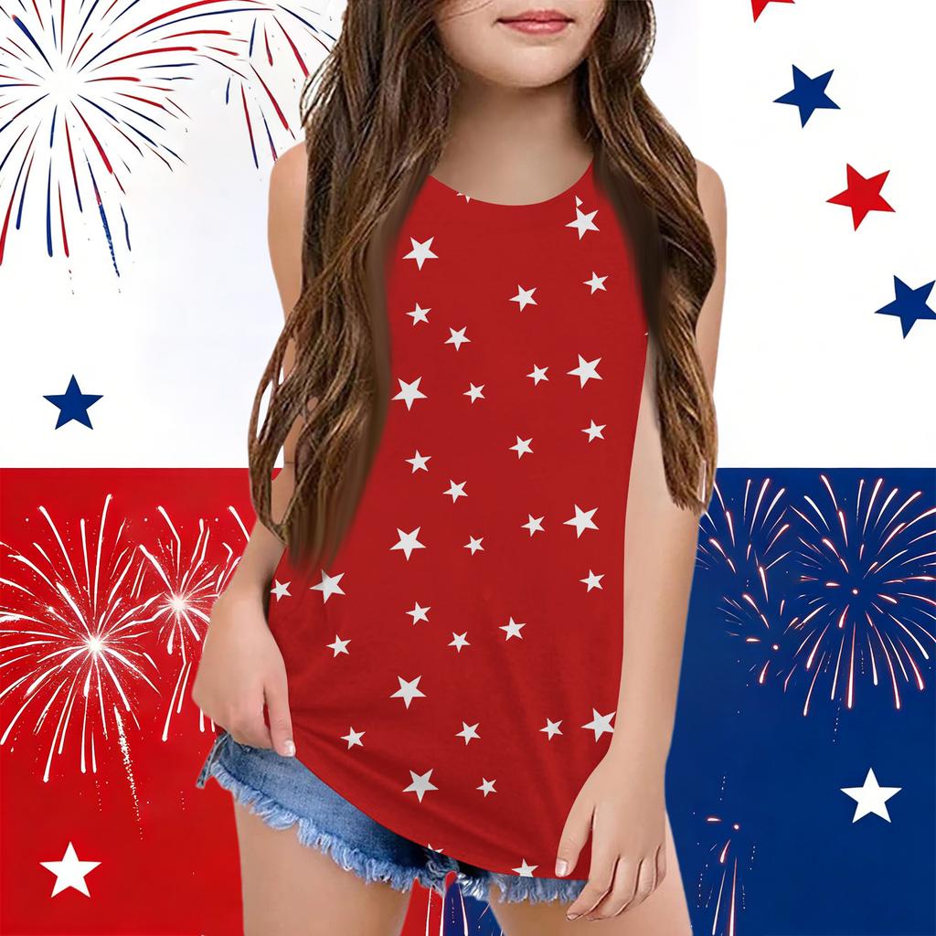Girls  Kids Summer Crewneck Sleeveless Shirts Tank Tops Independence Day