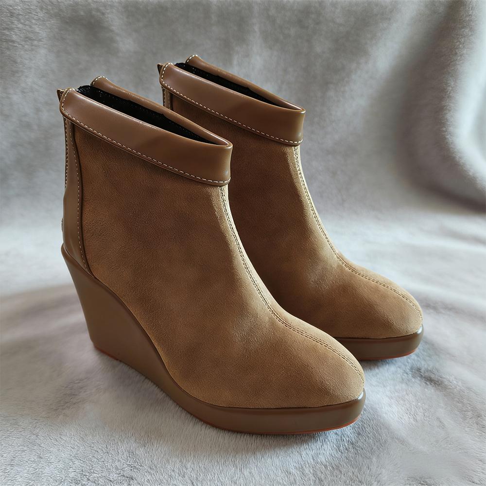 Stivaletti da Donna Primavera Autunno Pelle Scamosciata Zeppa Caviglia Piattaforma Tacco Zeppa 10cm Con Zip Posteriore