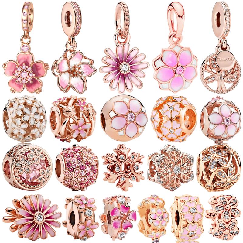 Rose Gold Plating Flower DlY Jewelry Gifts Cherry Rose Daisy Dangle Charms Beads Fit Europeans Silver Bracelet Necklace