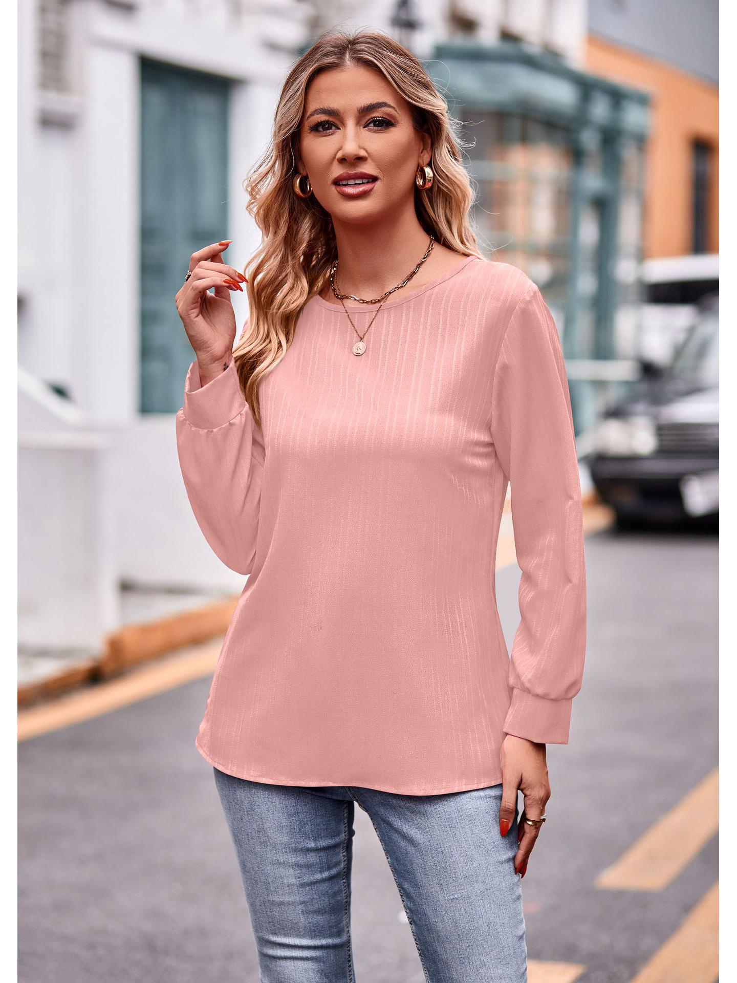 

2024 Осень женская однотонная жаккардовая футболка с длинным рукавом Европа и Америка Large