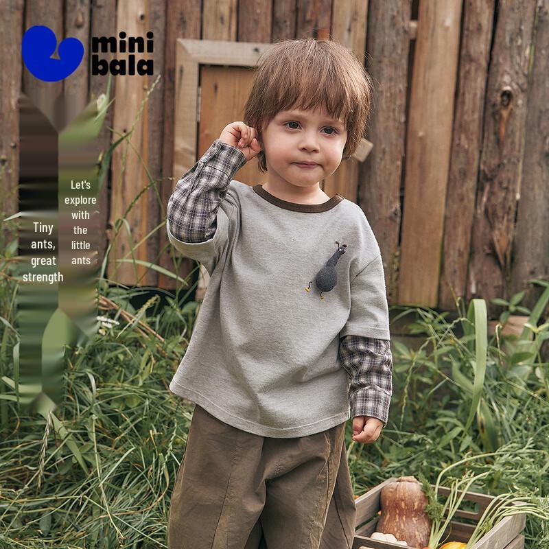 Minibala Boy's Long-Sleeve Fake Two-Piece T-Shirt with Cute Doll