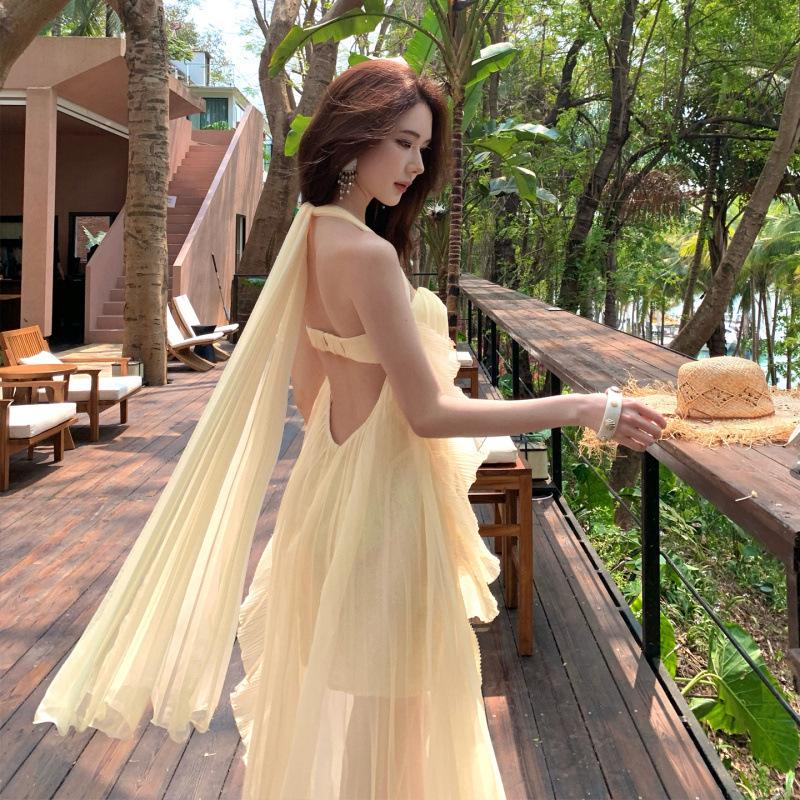 Mesh neck tube top backless atmosphere dress island vacation dress