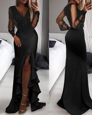2025 Spring/Summer Black Mid-Waist Wrap-Chest Bohemian Long Dress