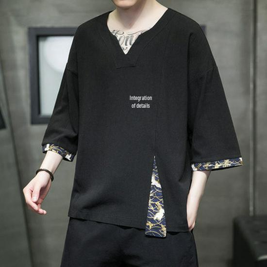 Herren Retro Stil Leinen V-Ausschnitt Besticktes T-Shirt, Lockere Passform, Dreiviertelärmel, Große Größe